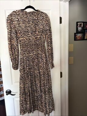 Lost + Wander Beige and Black Zebra-Print Long Sleeve Midi Dress